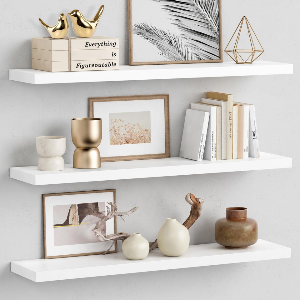 Forbena white 36-inch floating shelf side view shows slim, space-saving profile.