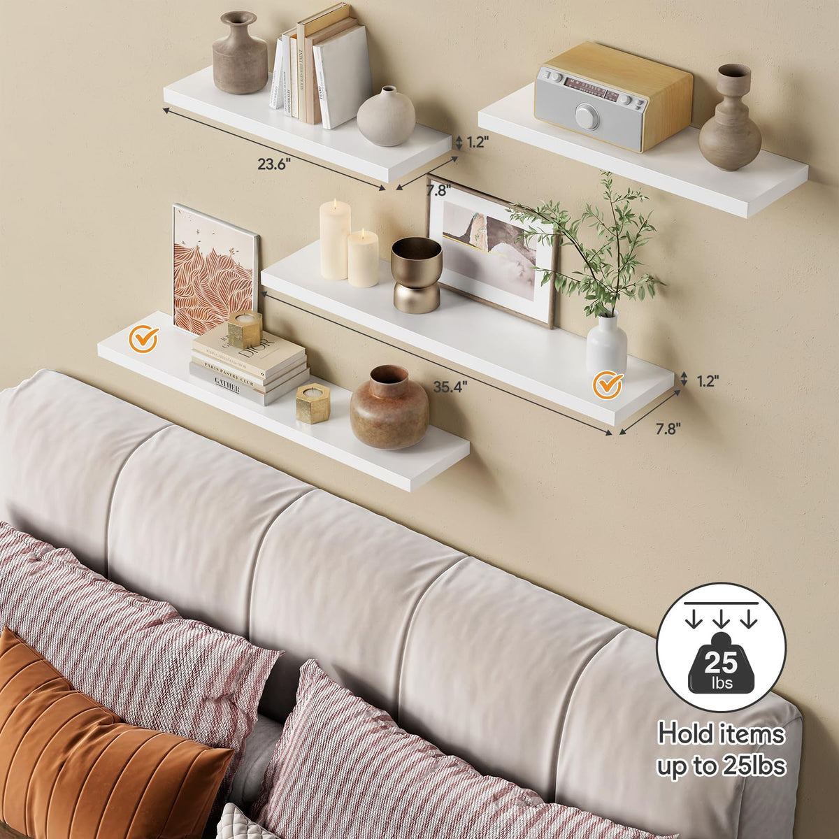 Forbena white floating shelves in a bedroom setup for extra storage.