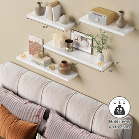 Forbena white floating shelves in a bedroom setup for extra storage.