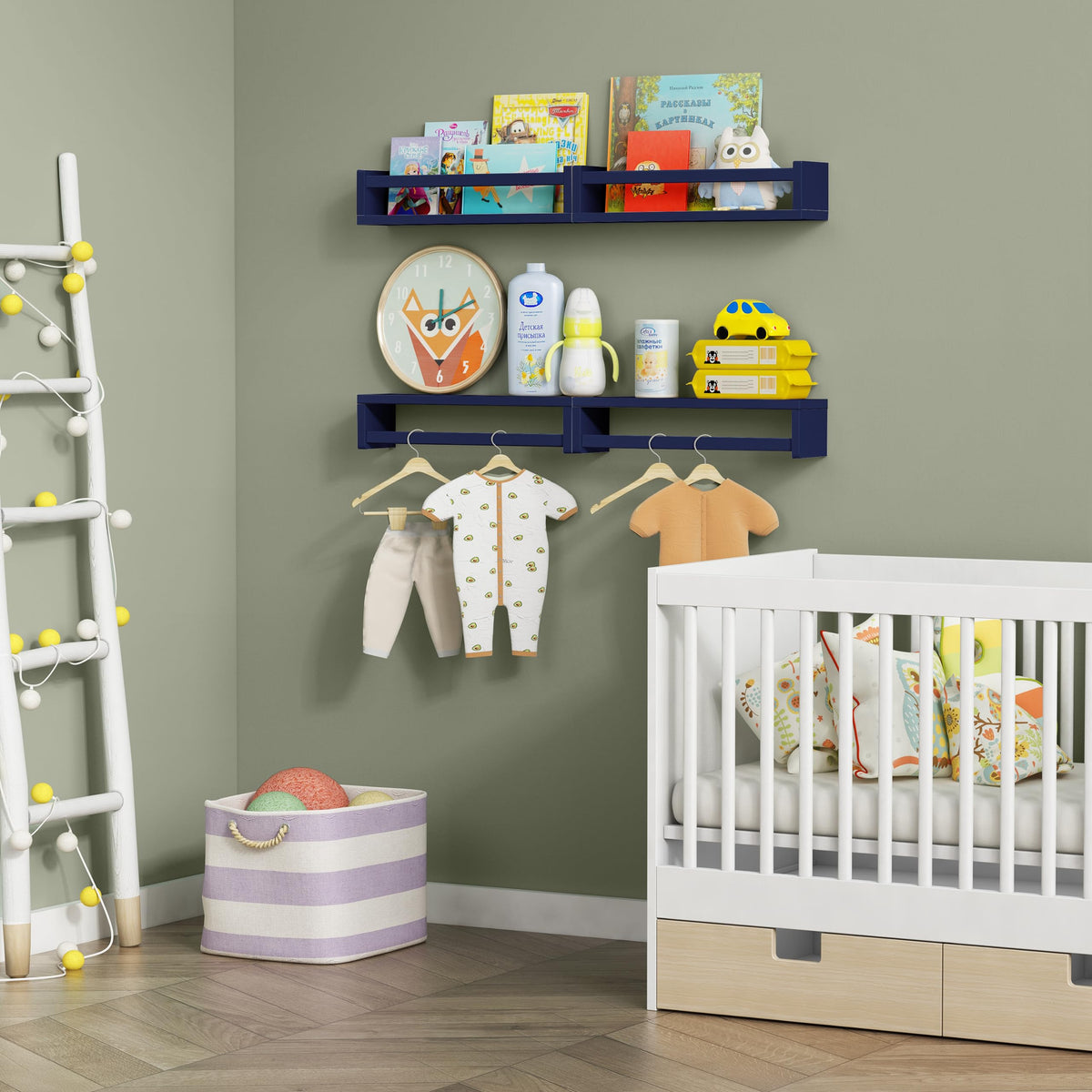 Forbena navy blue wooden floating shelves in nursery, sturdy pine construction for lasting use.