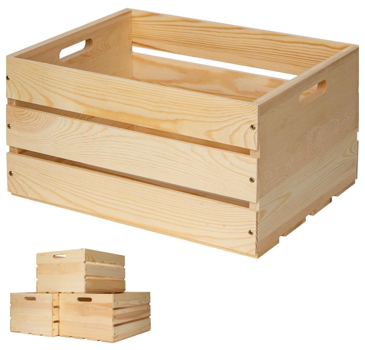 FORBRADS pine wood crate front view shows natural finish and versatile storage options.