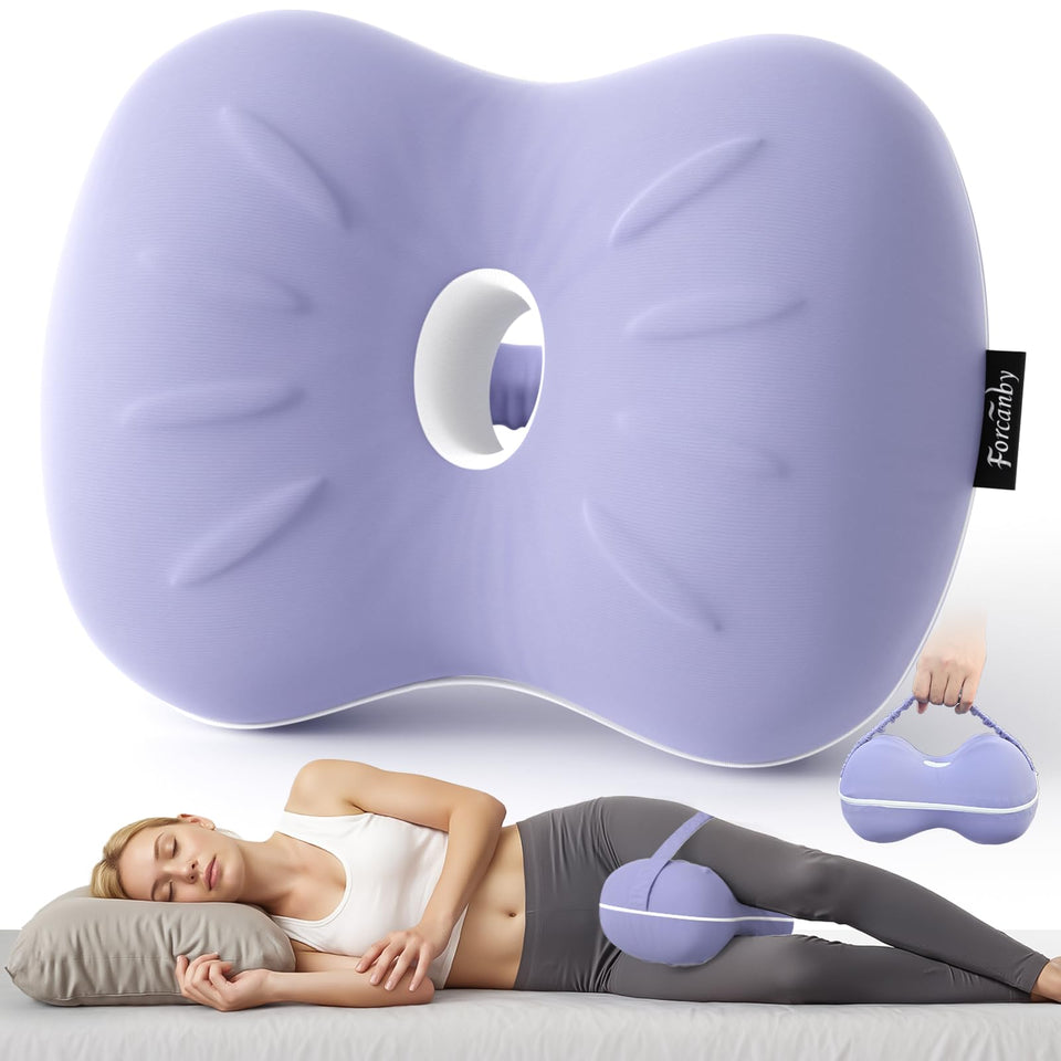 Forcanby knee pillow in side-sleep position with ergonomic design improves alignment and comfort.
