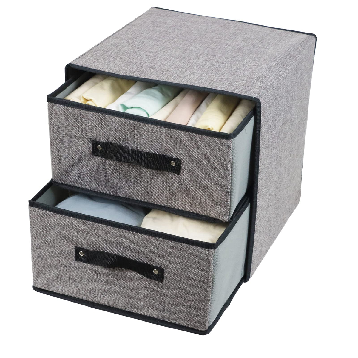 Decorative storage bin placed on a shelf for tidy organization.