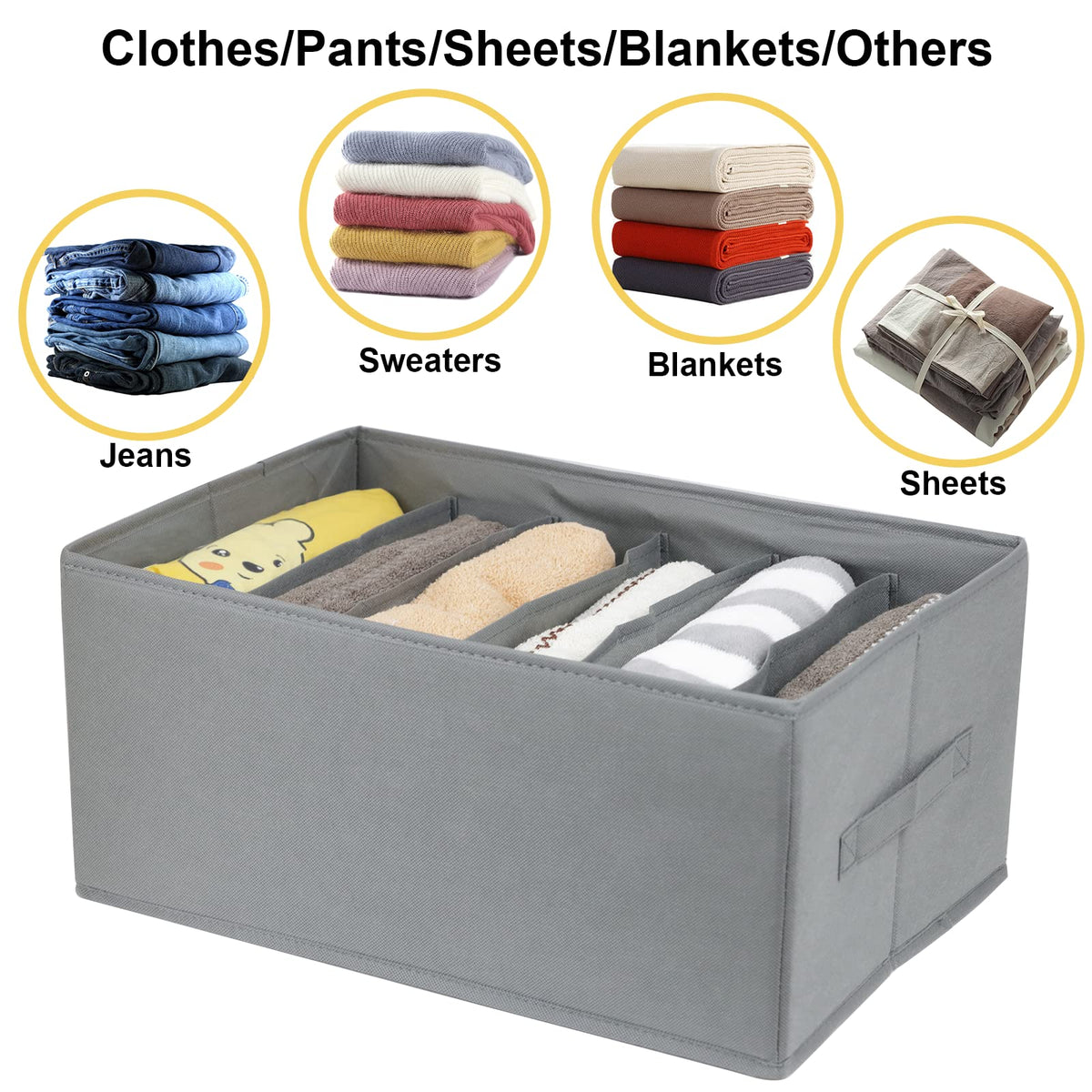 Fordonral six-compartments organizer neatly displays folded clothes in a dorm closet.