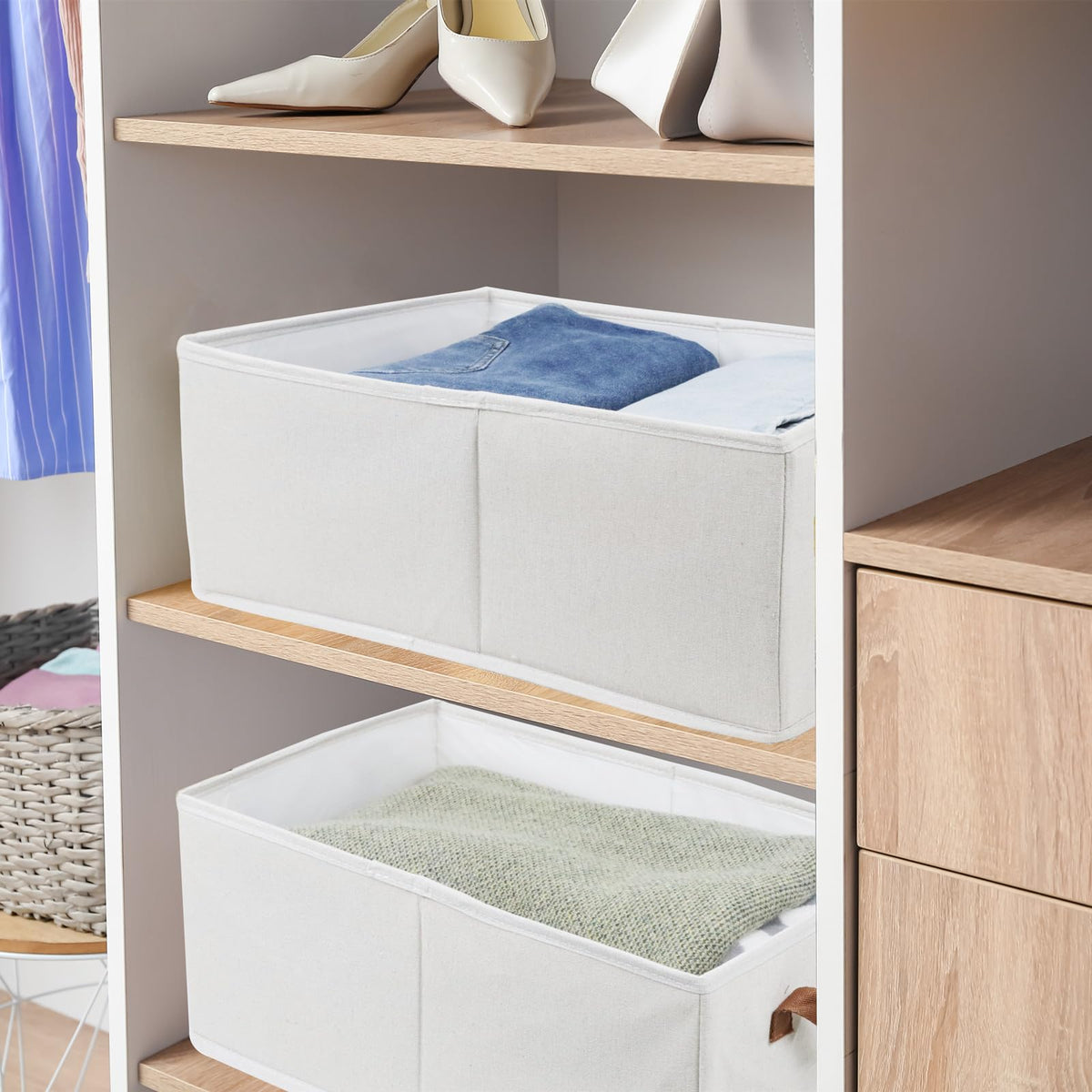 Fordonral neutral linen white storage bin blends with decor.