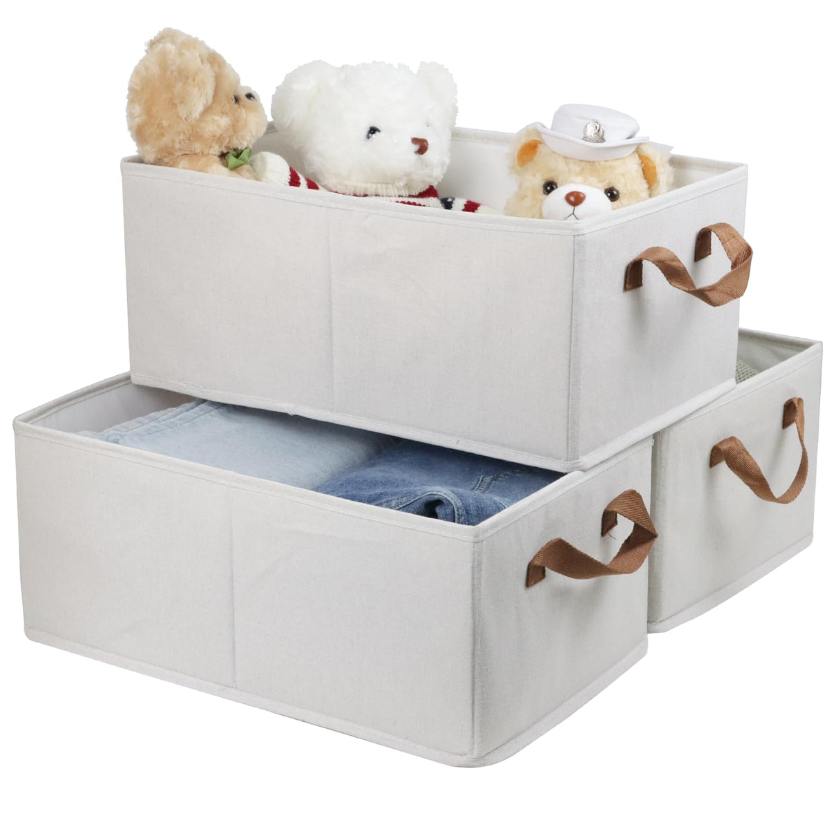 Fordonral storage bin trio on a closet shelf for organized clothes.