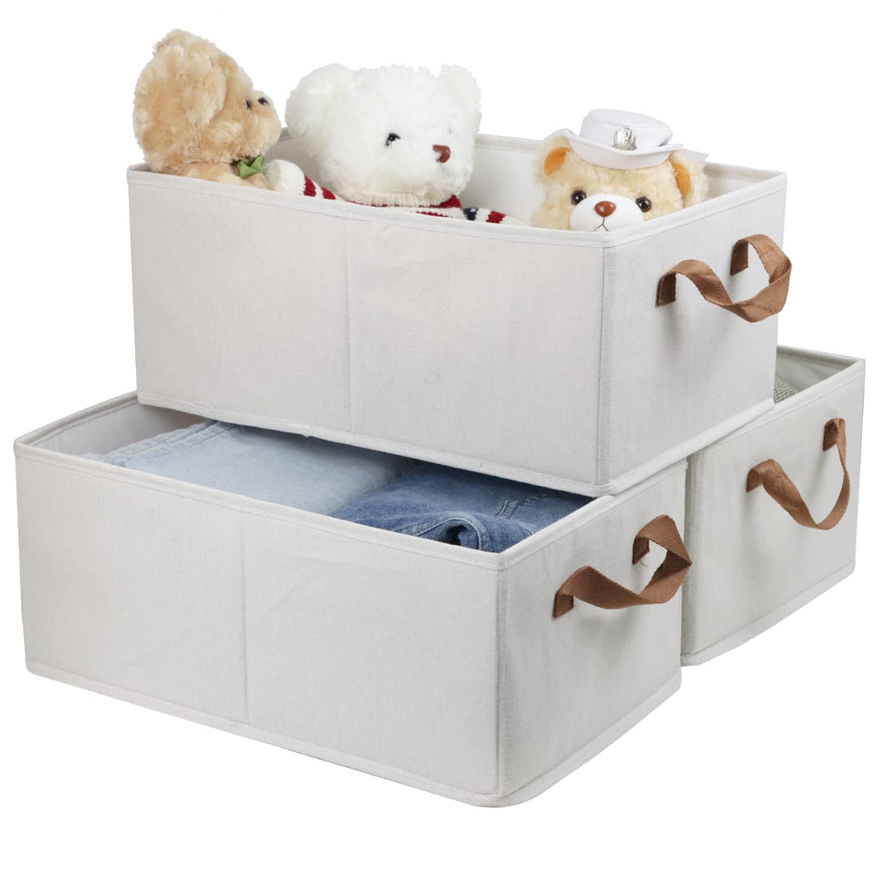Fordonral storage bin trio on a closet shelf for organized clothes.