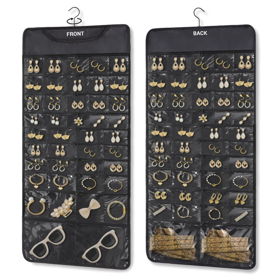 FOREGOER hanging jewelry organizer with 88 pockets for clear travel storage.
