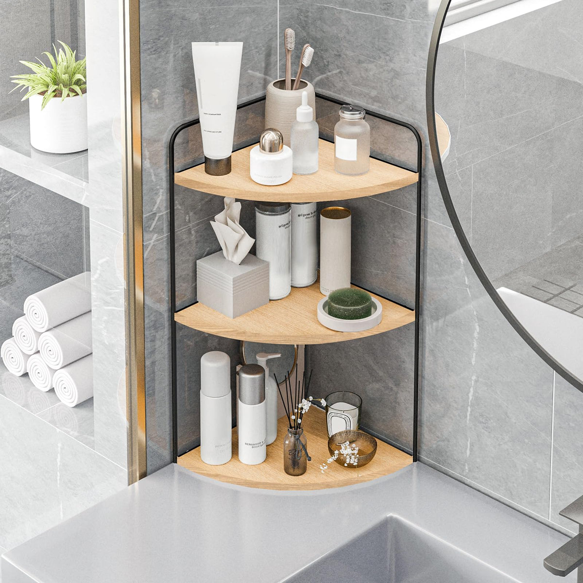 Forest Angle organizer holds toothbrushes, soap, and cotton balls neatly