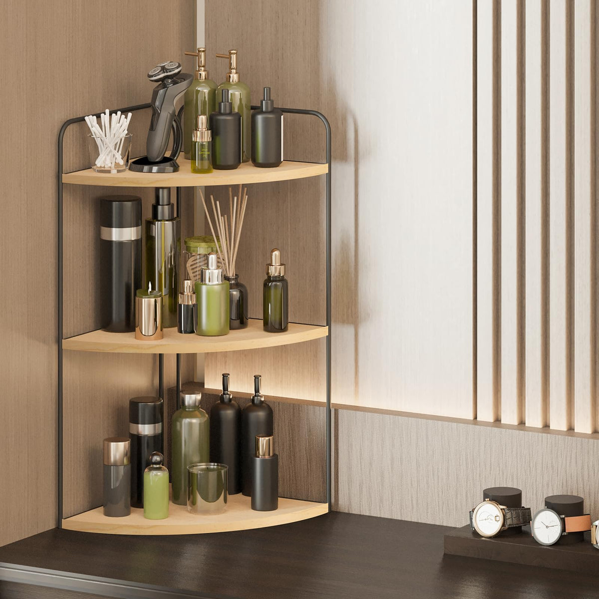 Forest Angle black Burlywood organizer matches modern bathroom aesthetics
