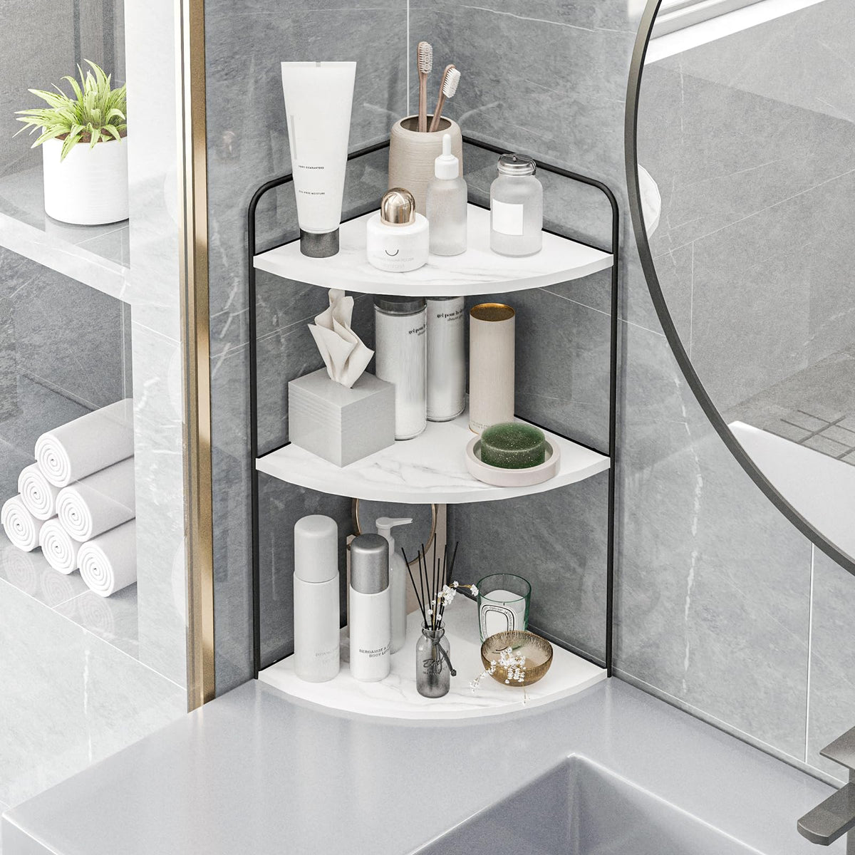 Forest Angle bathroom sink caddy holds cotton balls and essentials in tidy order.