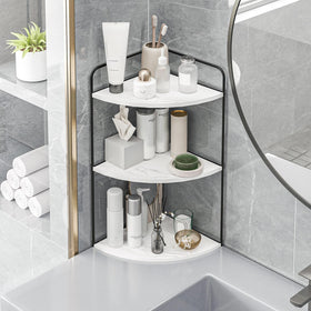 Forest Angle bathroom sink caddy holds cotton balls and essentials in tidy order.