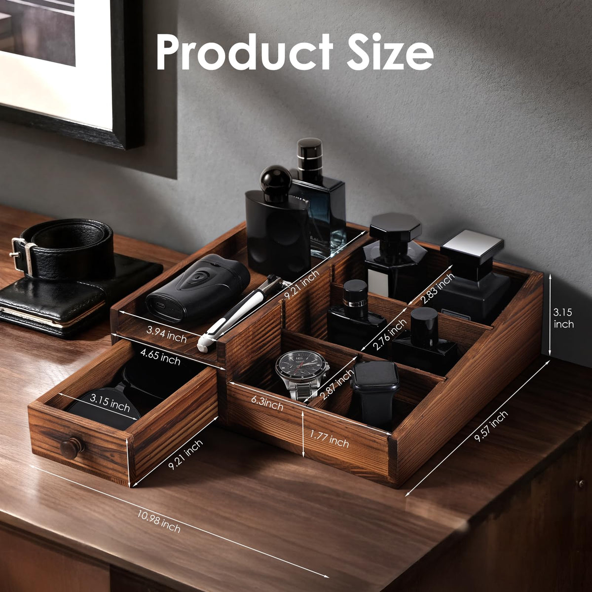 Forest Angle Bourbon Brown organizer drawer-depth demonstrates extra deep drawers for rare items.