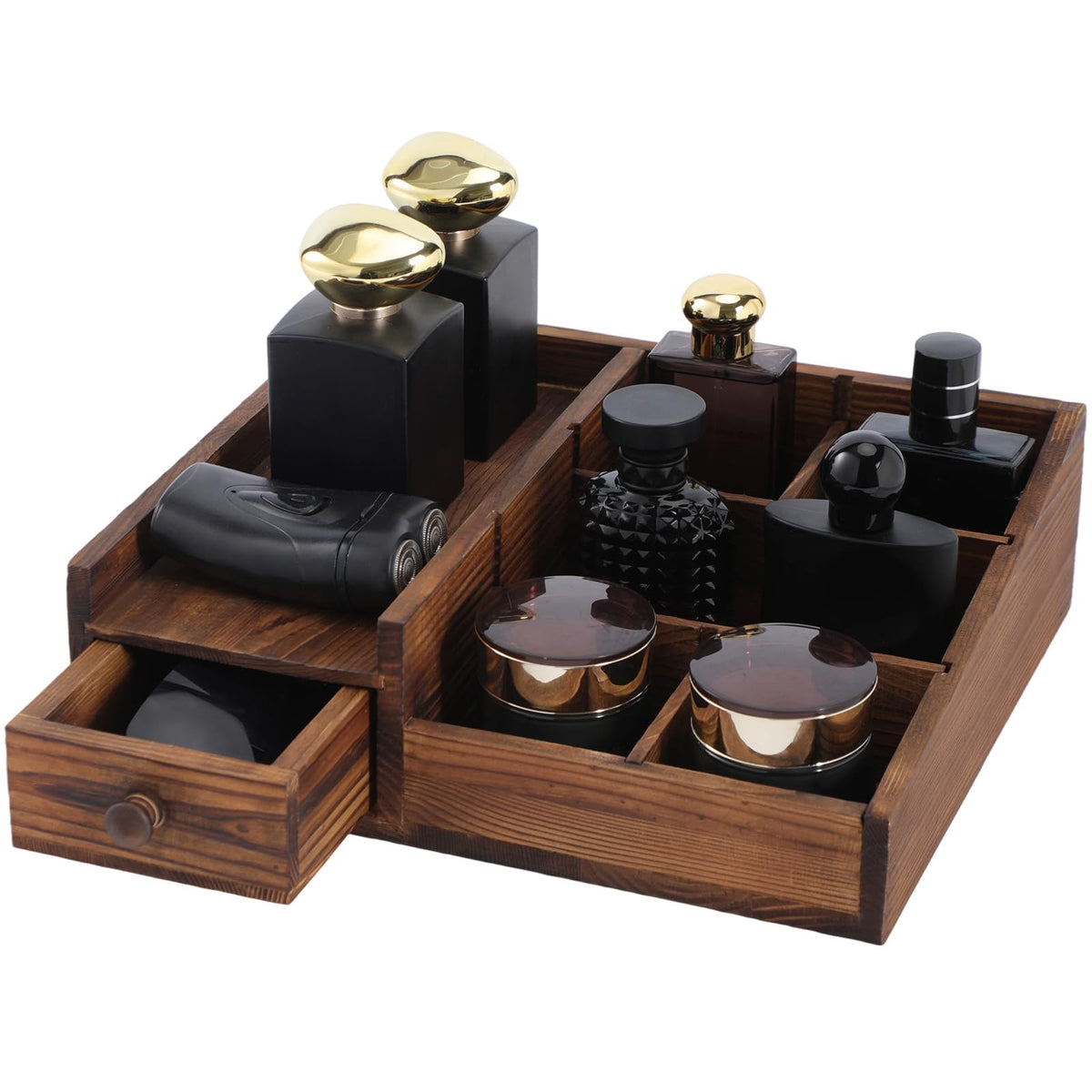 Forest Angle Bourbon Brown organizer front view with six compartments for easy grooming storage.