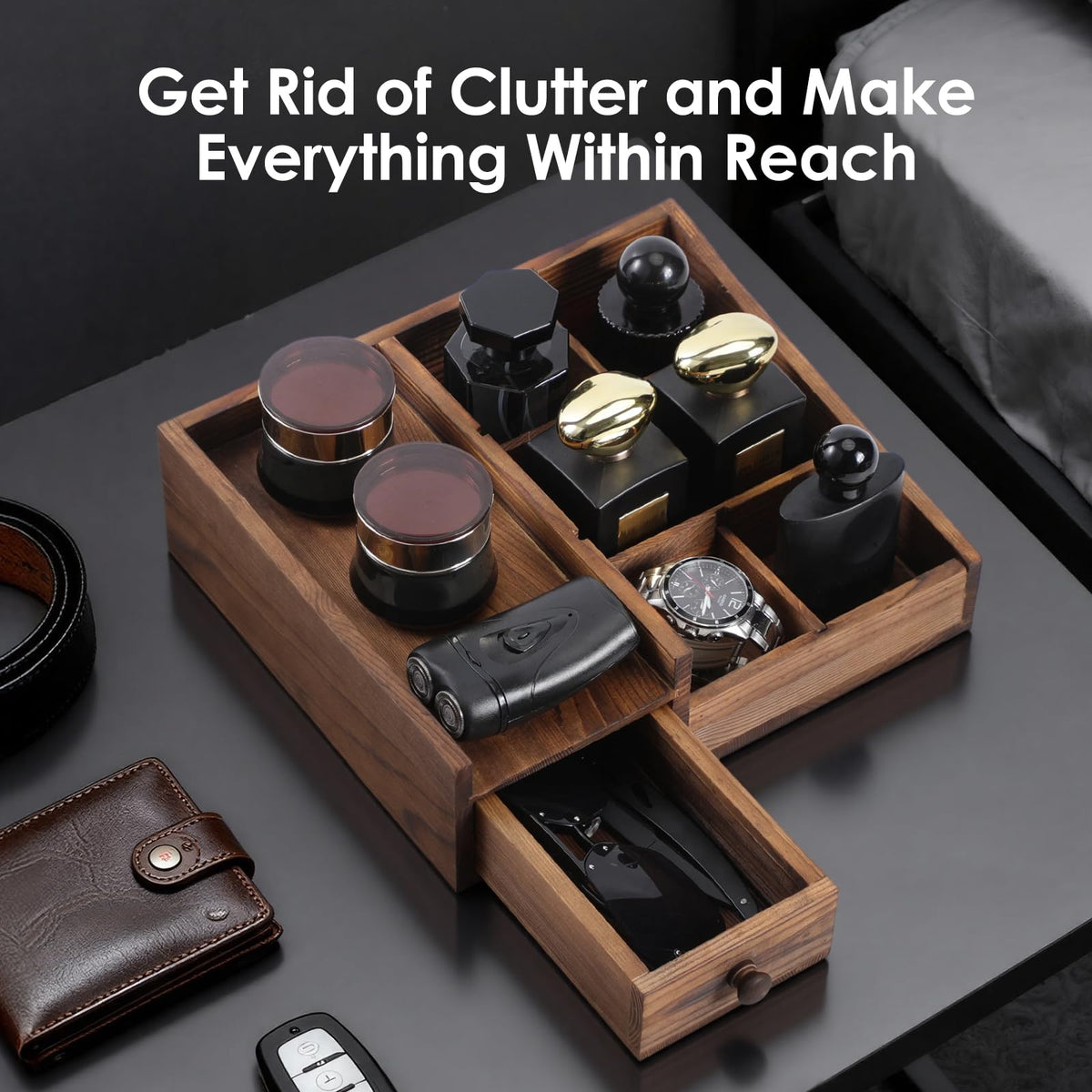 Forest Angle Bourbon Brown organizer shows clean wood grain accent on dresser or vanity.