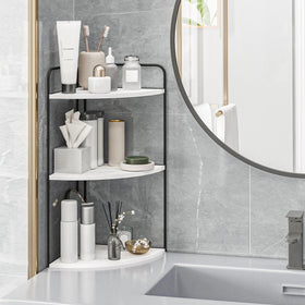 Forest Angle countertop storage keeps toothbrushes and soap neatly organized during busy mornings.