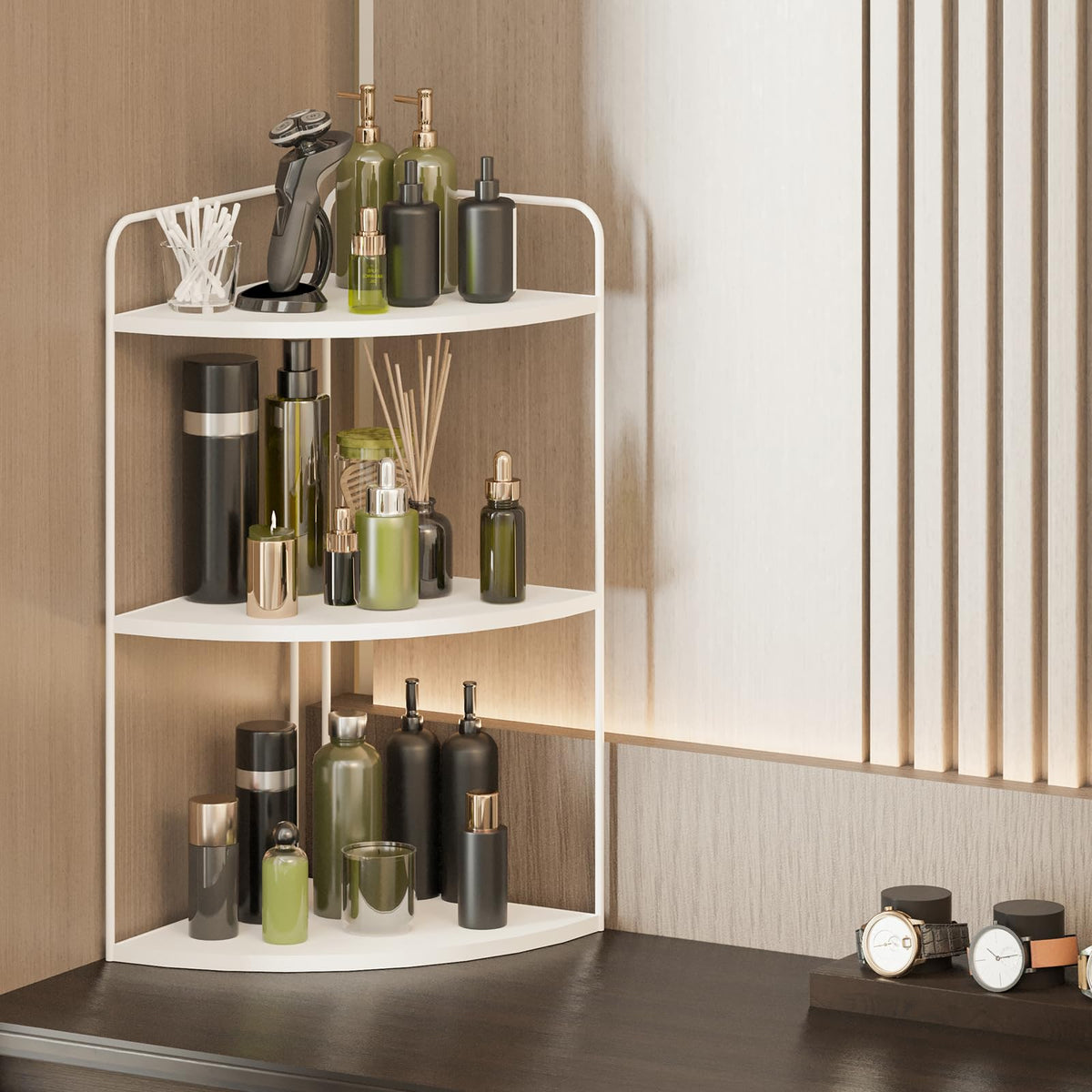 Forest Angle skincare organizer holds toothbrush, soap, and cotton balls neatly