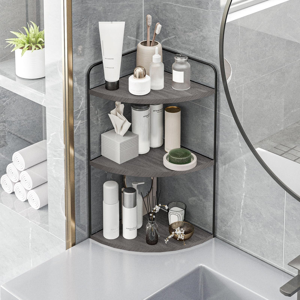 Forest Angle vanity organizer on sink keeps toothbrushes and soaps organized.