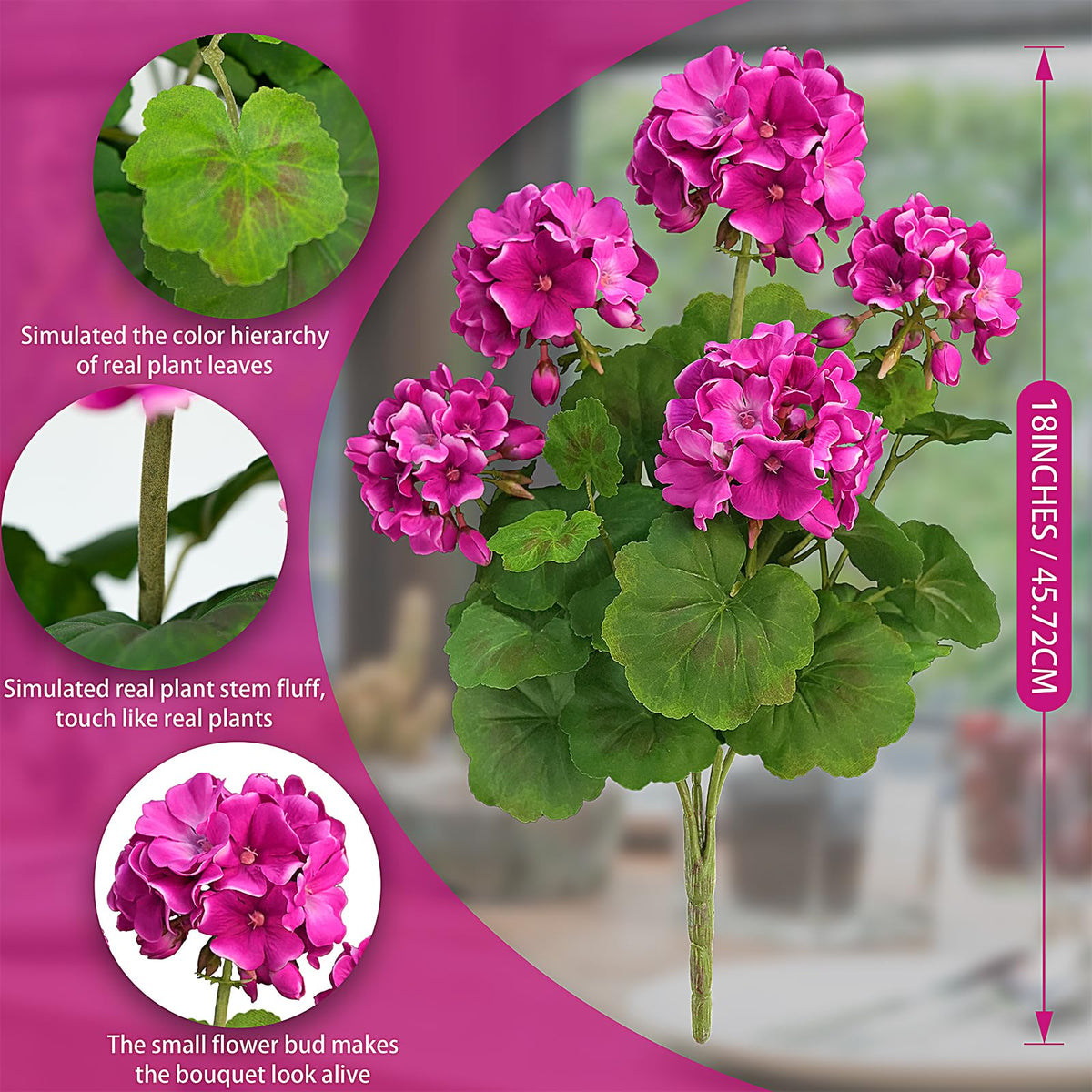 FOREST PRINCE artificial geraniums 18-inch bloom detail for realistic petals