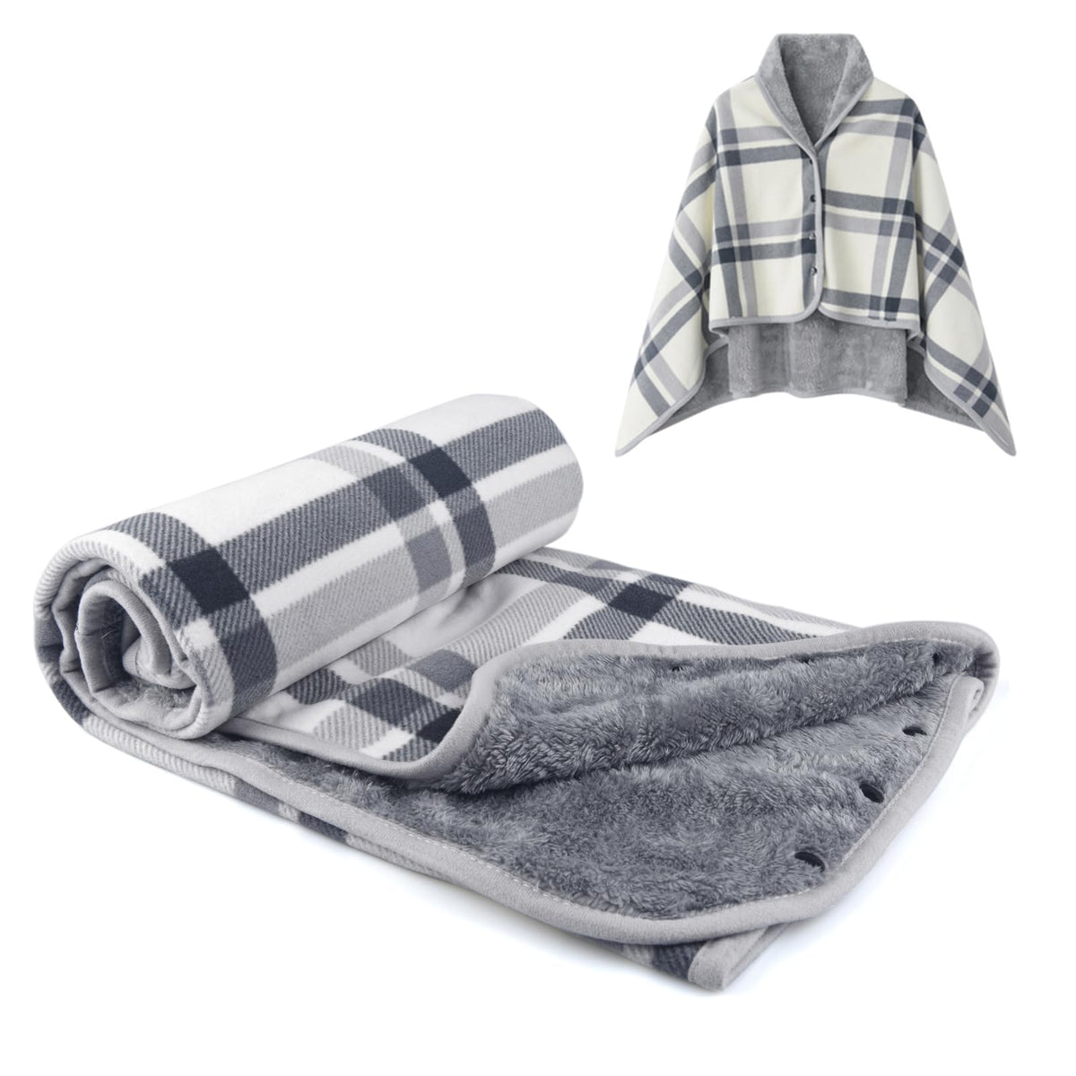 Forestfish fleece wearable blanket poncho-style gray-white, hands-free warmth