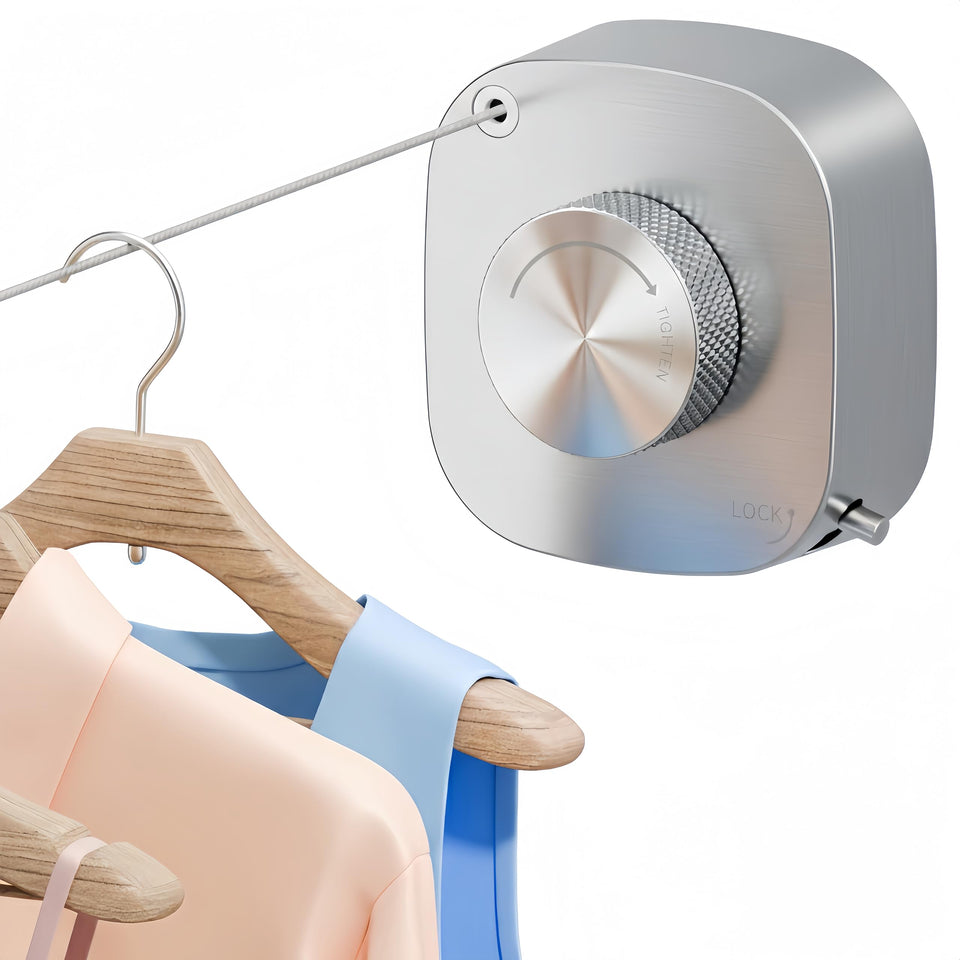 FORIOUS retractable clothesline indoors showing full 13.8 ft span for versatile drying