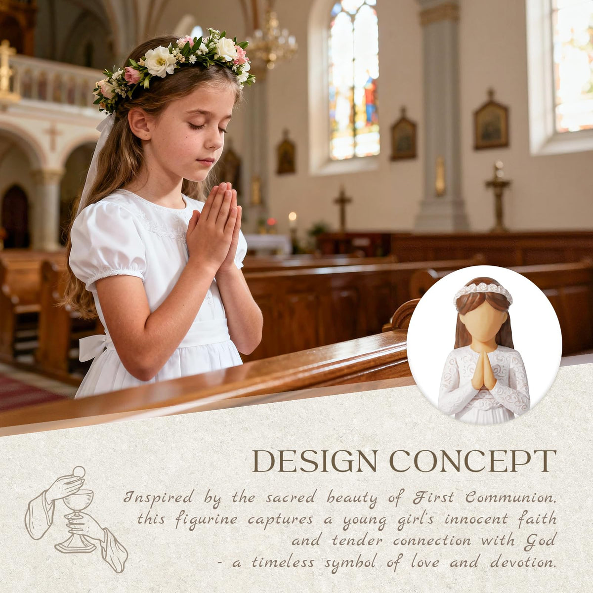 Close-up of floral crown and delicate dress on Formiele communion figurine.