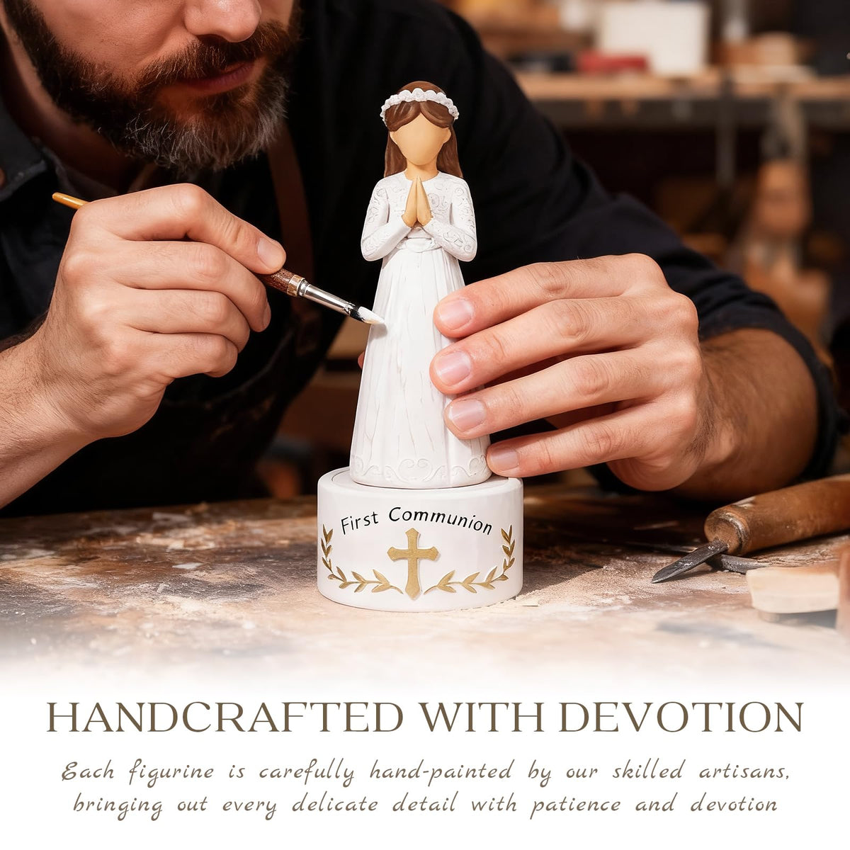 Durable resin with delicate coloring preserves the figurine's details.