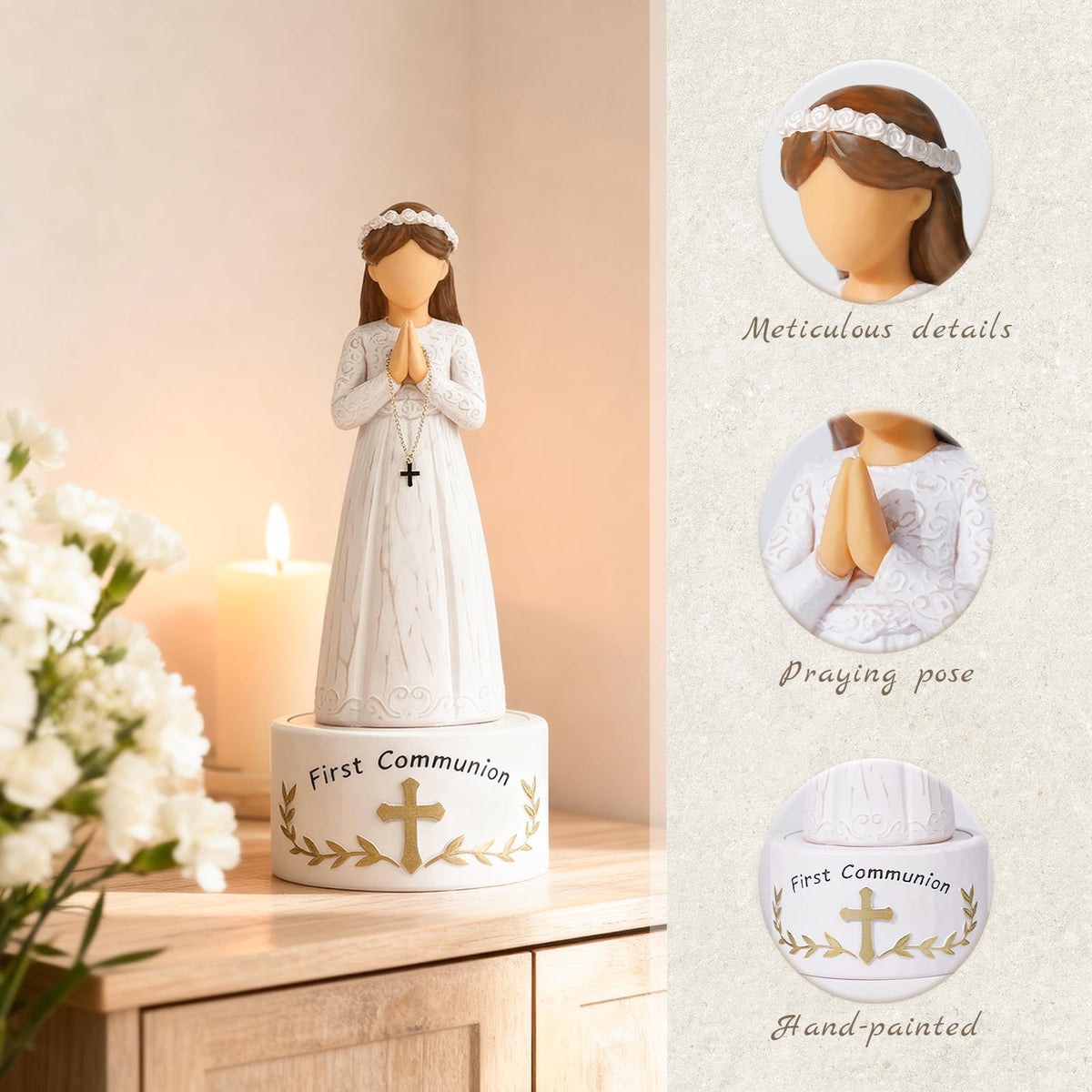 Keepsake base engraved with First Communion and cross adds meaningful context.
