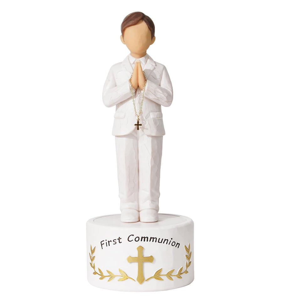 Formiele first communion boy figurine ready to display on a prayer shelf.