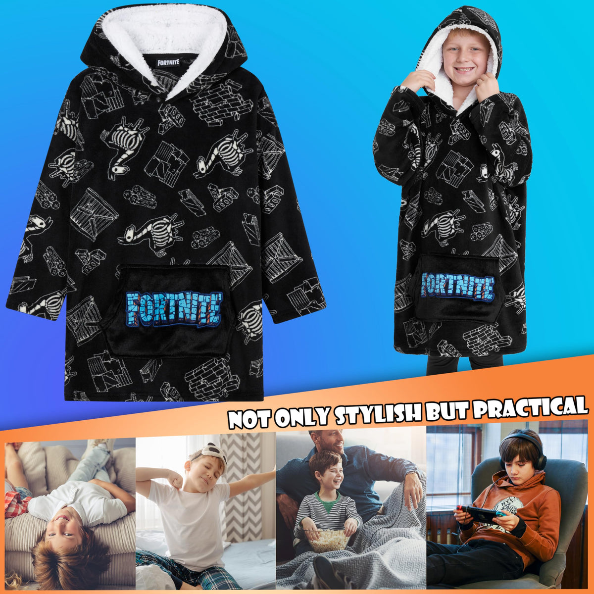 Fortnite Blanket Hoodie oversized fit shown, offering unrestricted movement for gaming sessions.