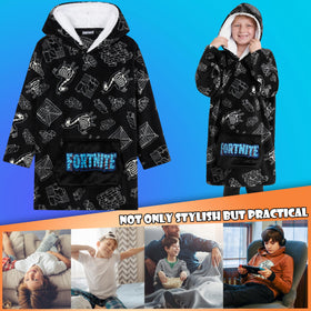 Fortnite Blanket Hoodie oversized fit shown, offering unrestricted movement for gaming sessions.