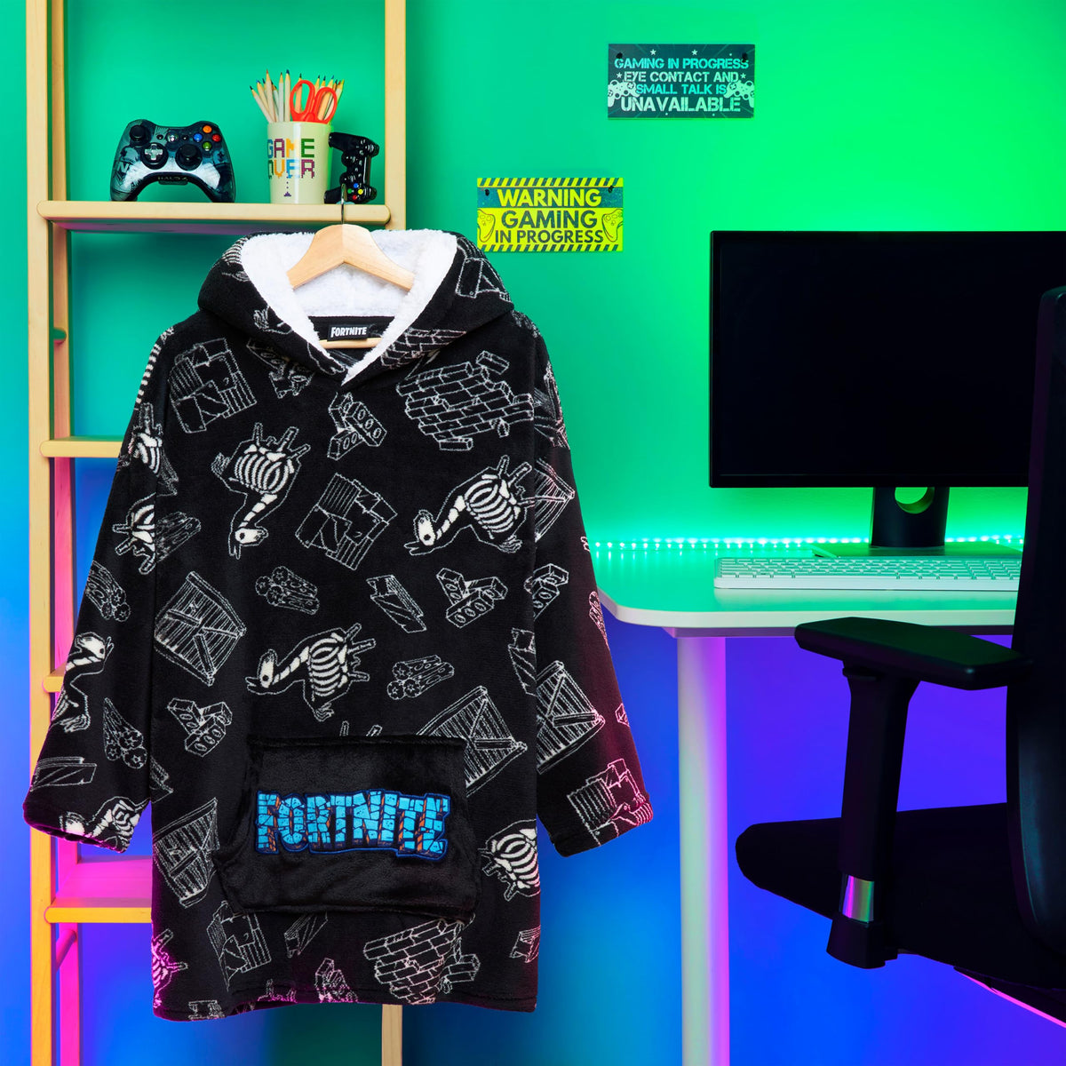 Fortnite Blanket Hoodie with sherpa-lined hood, cozy warmth during chilly evenings.