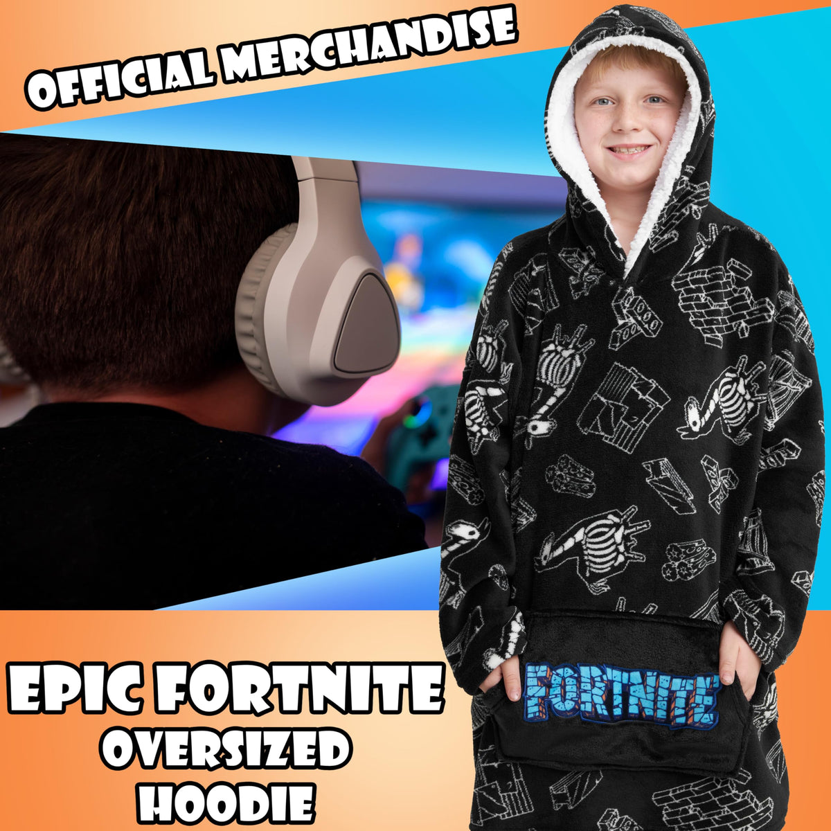 Fortnite Blanket Hoodie in fleece fabric, soft touch for all-day comfort.