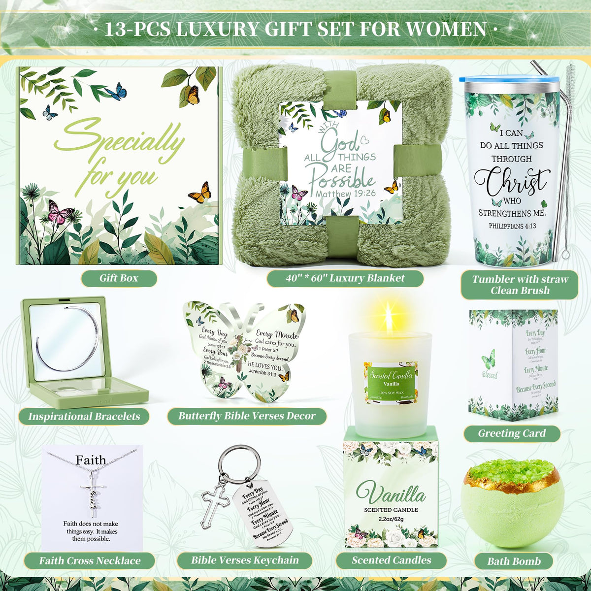 Fortuning's JDS green self-care package featuring Bible blanket and candle for relaxation.