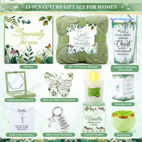 Fortuning's JDS green self-care package featuring Bible blanket and candle for relaxation.