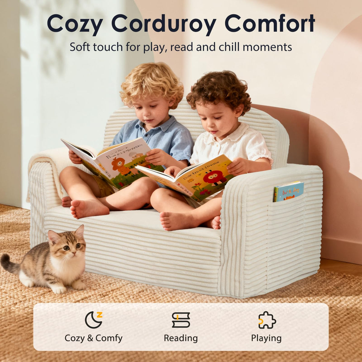 Foryoomi corduroy fold-out kids sofa chair ideal for reading and play.