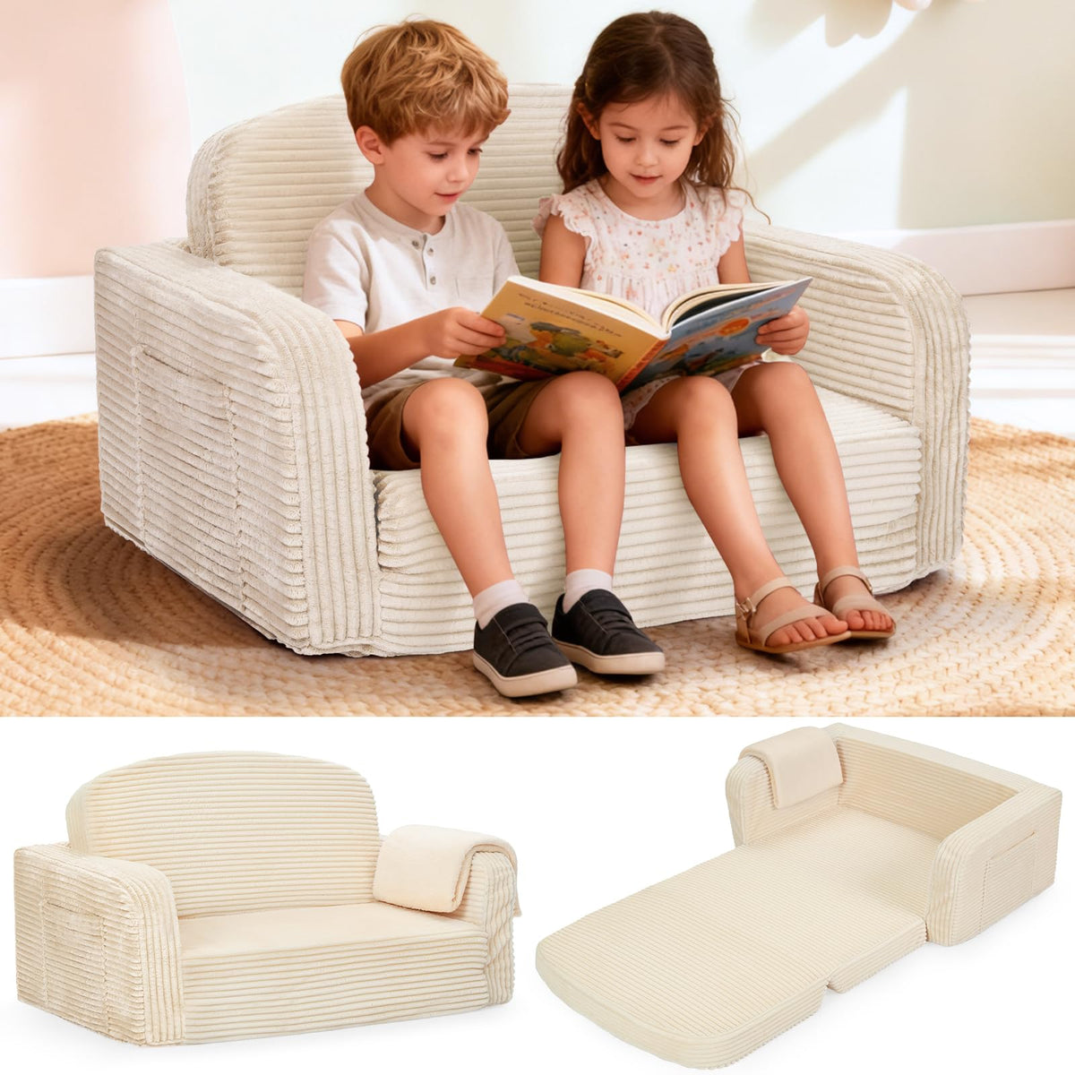 Foryoomi extra wide 2-in-1 toddler couch in cream for comfy seating and lounging.