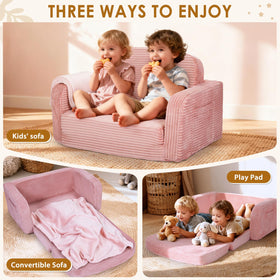 Foryoomi extra wide pink sofa in lounging position spacious for active kids.
