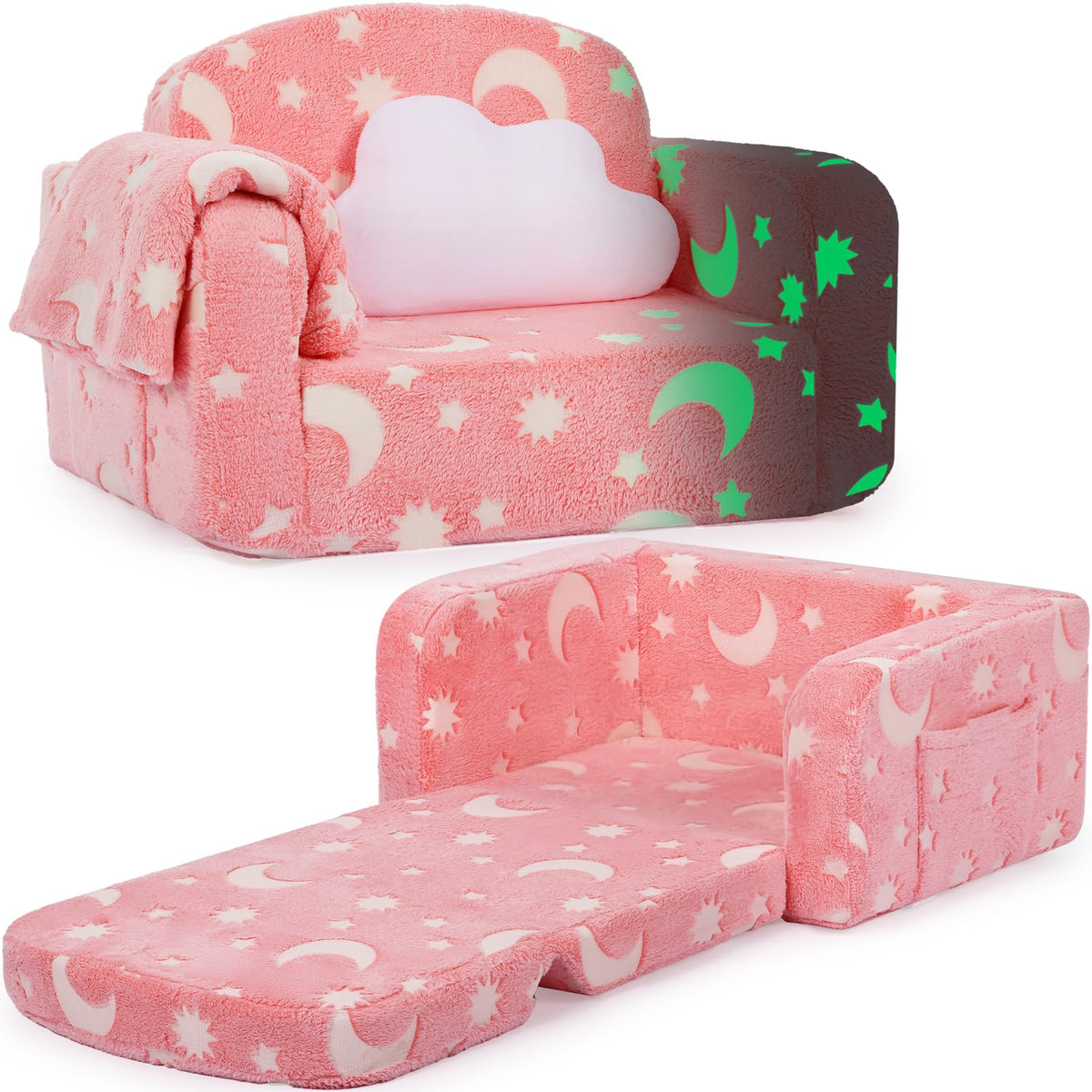 Foryoomi kids couch with blanket and cloud pillow for cozy playtime.