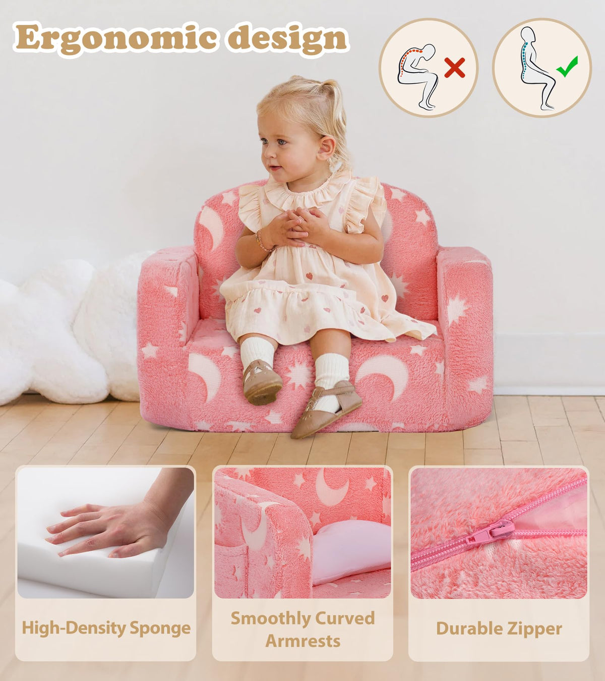 Foryoomi couch features side pockets for toys and remotes within reach.