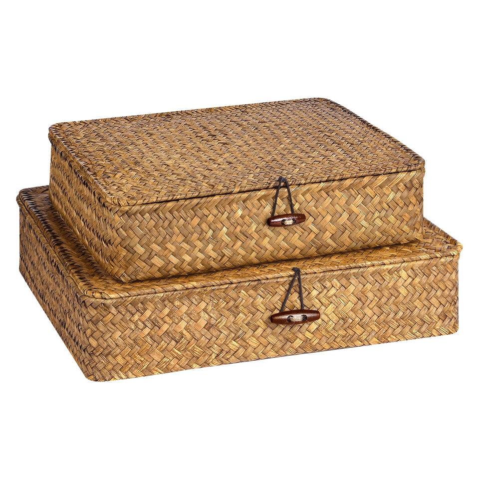 FOSSORH flat seagrass storage bin with lid in caramel for stylish organization.