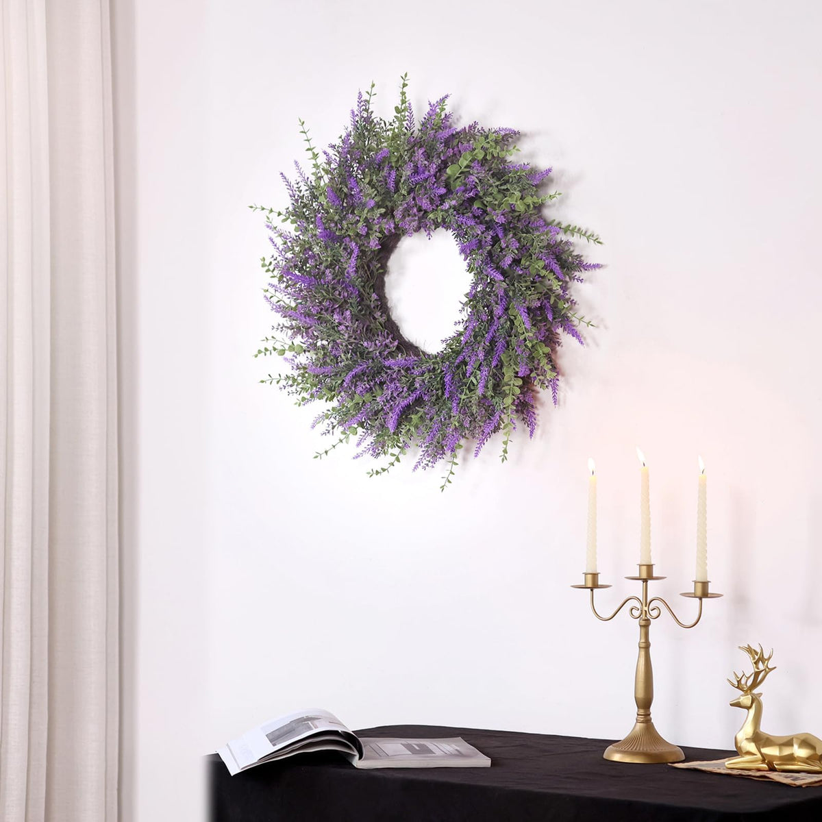 FOTEEWL wedding decor wreath with lavender accents for elegant settings.