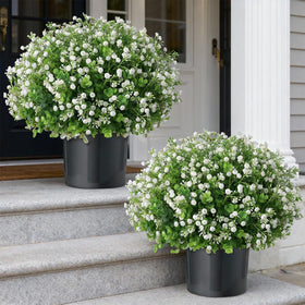 FOTEEWL artificial eucalyptus with baby's breath topiary balls in pots, ideal for stylish porch decor.