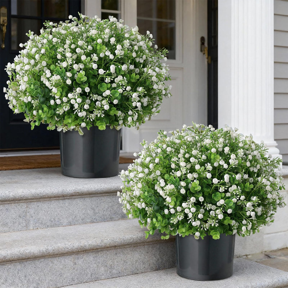 FOTEEWL artificial eucalyptus with baby's breath topiary balls in pots, ideal for stylish porch decor.