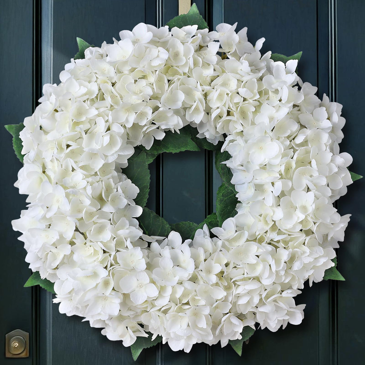 FOTEEWL artificial hydrangea wreath on the front door, 21-inch size, year-round decor.