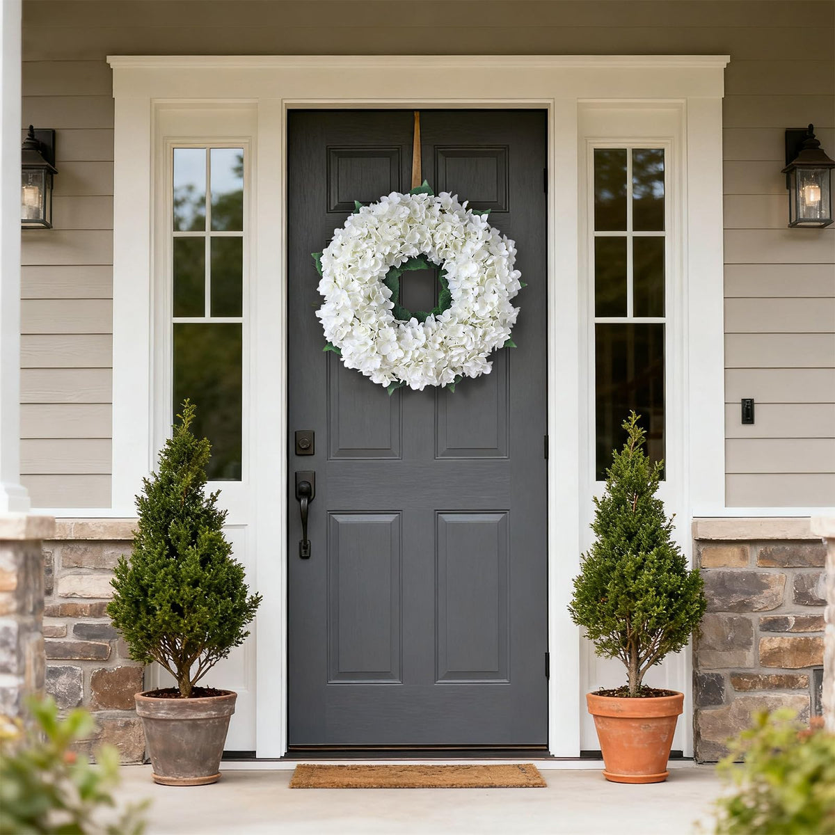 FOTEEWL artificial hydrangea wreath full display shows lush petals and full shape.