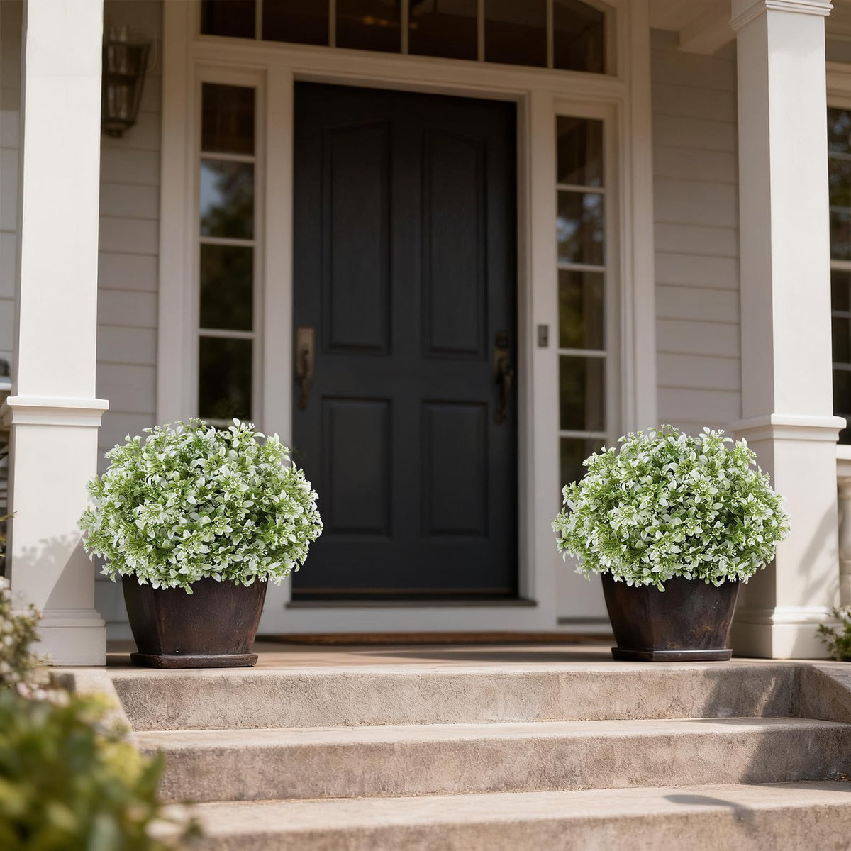 Foteewl topiary set at front door creating welcoming ambiance