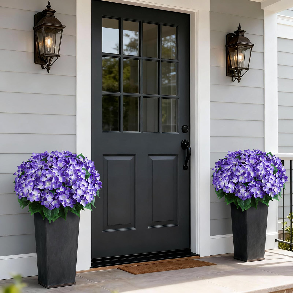 Hydrangea topiary with black pot close-up for elegant planter display.