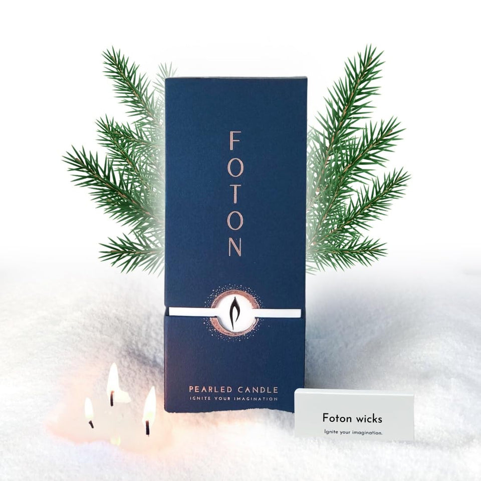 Foton Pearled Candle 18oz in a simple container, showcasing refillable design and clean-burning performance.