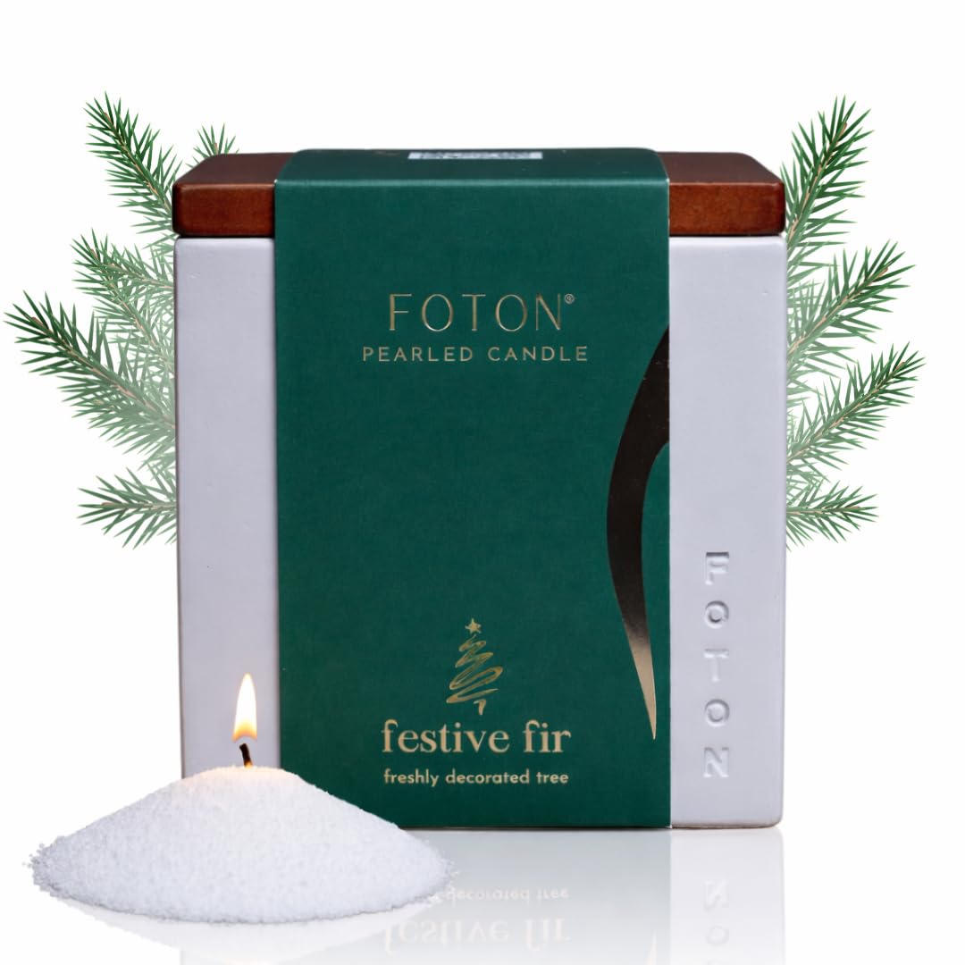Foton Pearled Candle Le Cube in concrete vase emitting Festive Fir scent for cozy spaces.